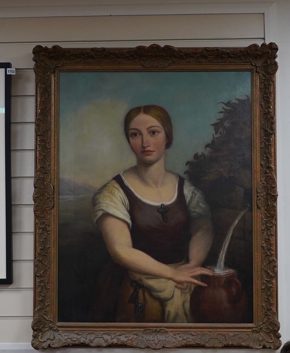 19th century, possibly Irish School, oil on canvas, Study of a woman before a landscape, unsigned, 90 x 69cm, ornately framed. Condition - fair, craquelure throughout